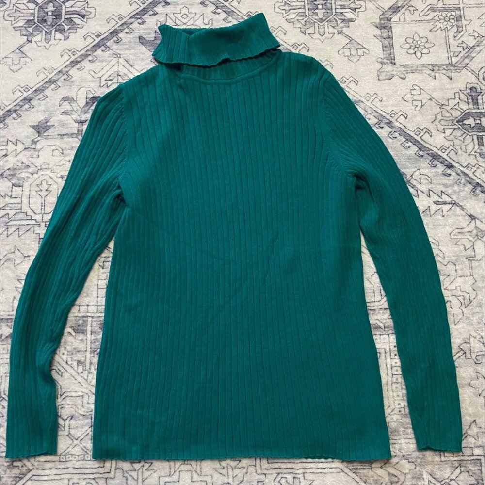 Kim Rogers Teal‎ Green Ribbed Long-Sleeve Turtleneck Sweater Large 100% Cotton
